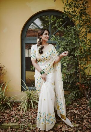 Yellow flower Embroidery Cotton saree