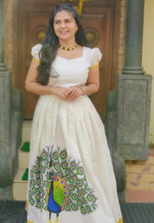 Peacock cotton printed Pattu Pavada unstitched