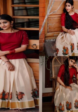 Radhakrishana pattu pavada with handwork top