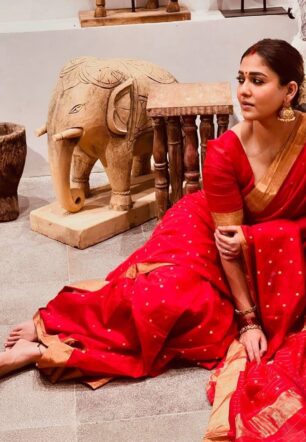 Nayanthara Inspired Red Polka saree